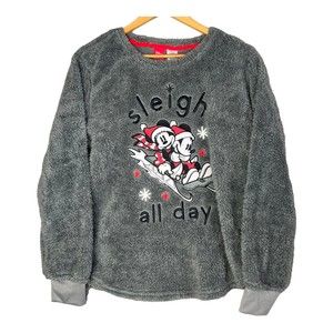 Disney Mickey Minnie Pullover Large Fleece Christmas Sweater "Sleigh All Day"